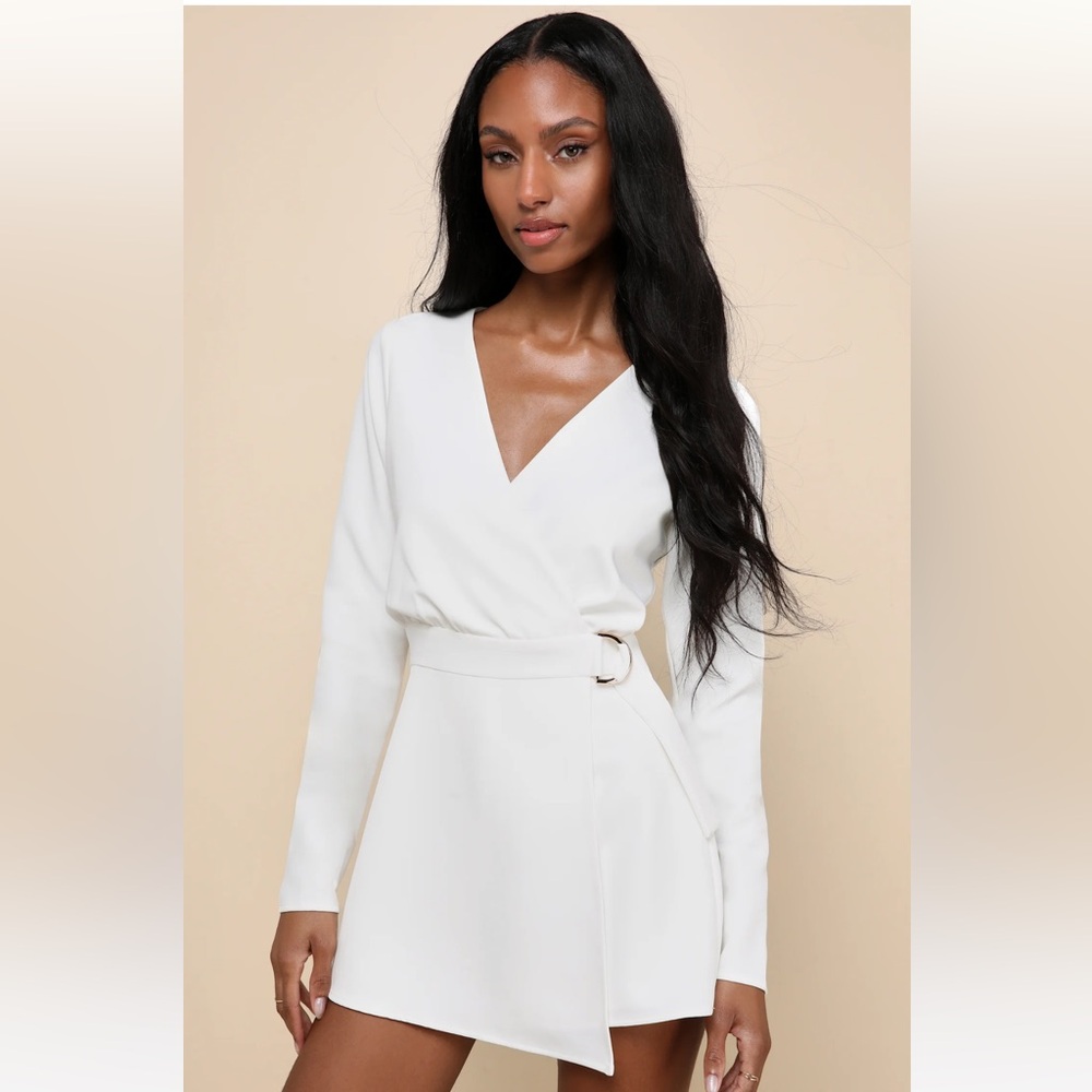 Lulus Rooftop Bar White Long Sleeve Faux-Wrap Belted Skort Romper- size XL, NWT!